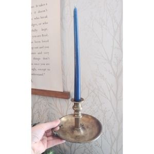 Antique Round Brass Candle Holder with Finger Lift and Handle, Antique